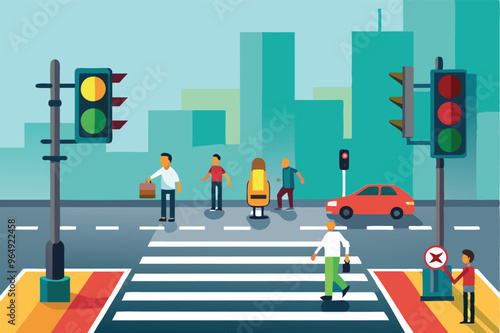 People crossing a city intersection while traffic lights signal at a busy crosswalk in an urban setting during the daytime