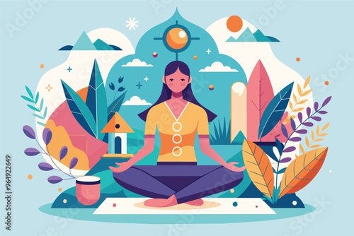 A woman meditates peacefully in a serene garden, surrounded by nature and colorful plants, enjoying the tranquility and beauty of her surroundings
