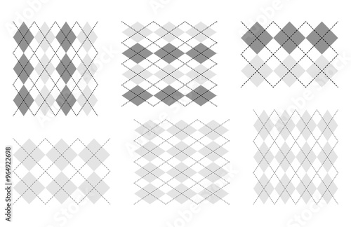 Set of Argyle seamless pattern lace. Uniform print for Fashion accessory clothing technical illustration. Vector greyscale Black lines flat sketch outline isolated on white background