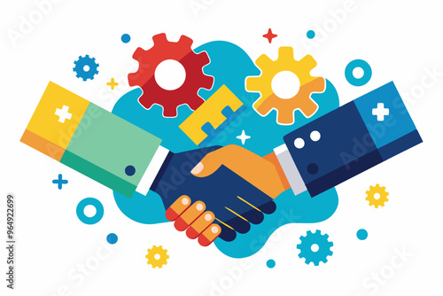 Two hands shaking in a graphic representation of partnership and collaboration, surrounded by colorful gears and shapes symbolizing teamwork and innovation