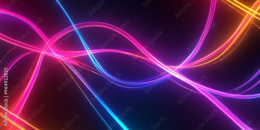 Abstract neon lines with blue, pink and orange glow on dark background. Abstract neon lines with blue, pink and orange glow on dark background.