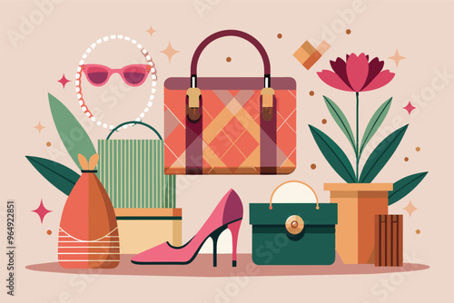 Stylish handbag and accessories displayed on a soft background with floral elements highlighting a fashionable lifestyle