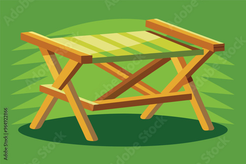 A simple wooden camp stool with a green striped fabric seat sits on a vibrant green background, ready for outdoor activities such as camping or relaxing in a garden
