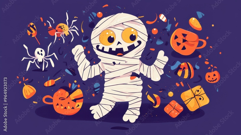 Cartoon Mummy Character Surrounded by Halloween Decorations Cartoon Mummy Character Surrounded by Halloween Decorations