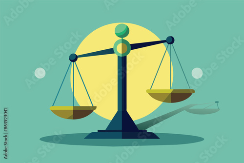 Illustration of a balanced scale set against a minimalistic background featuring a large circle, symbolizing justice and fairness in a clear and simple design