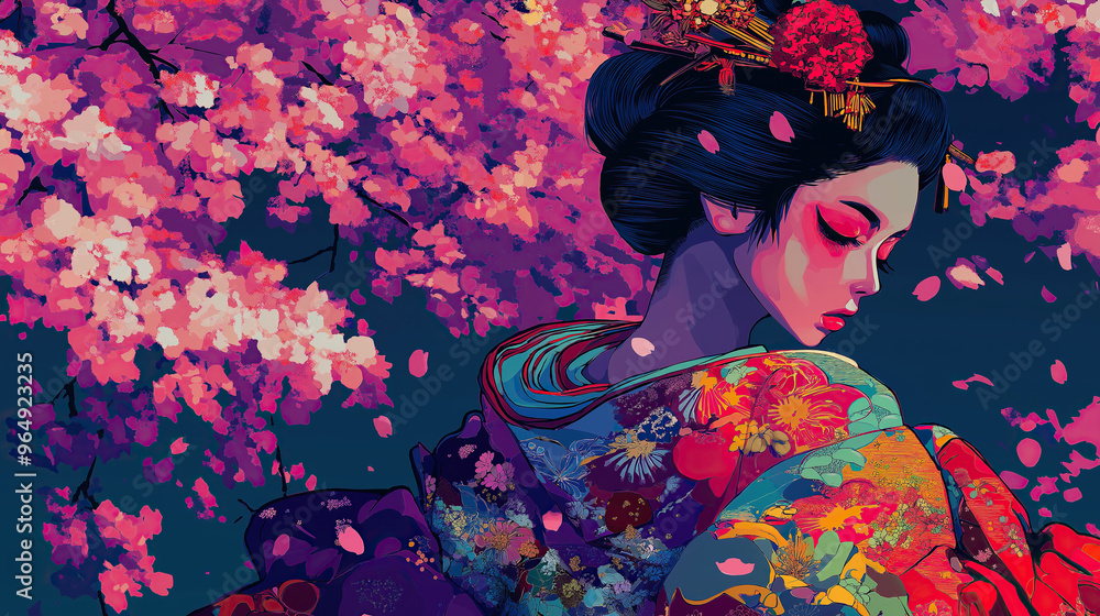 anime-style digital illustration of japanese geisha in traditional kimono dress anime-style digital illustration of japanese geisha in traditional kimono dress