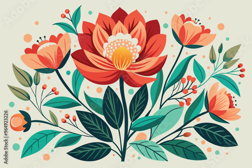 Vibrant floral arrangement featuring red and orange flowers with green leaves on a light background, created in a modern illustration style