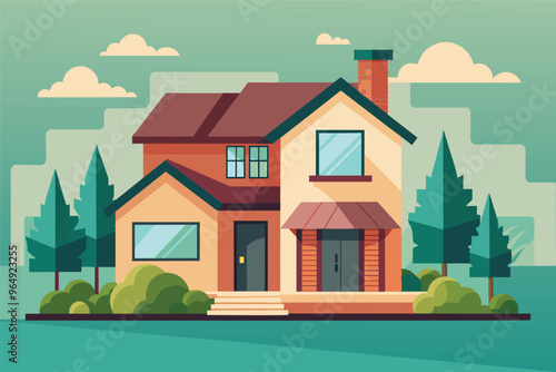 A colorful two-story house surrounded by trees and bushes in a serene outdoor setting during a bright daytime