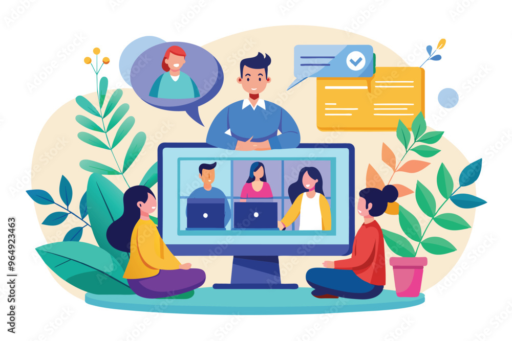 Virtual team meeting with participants engaged in discussion through video conferencing, surrounded by plants and colorful graphics Virtual team meeting with participants engaged in discussion through video conferencing, surrounded by plants and colorful graphics