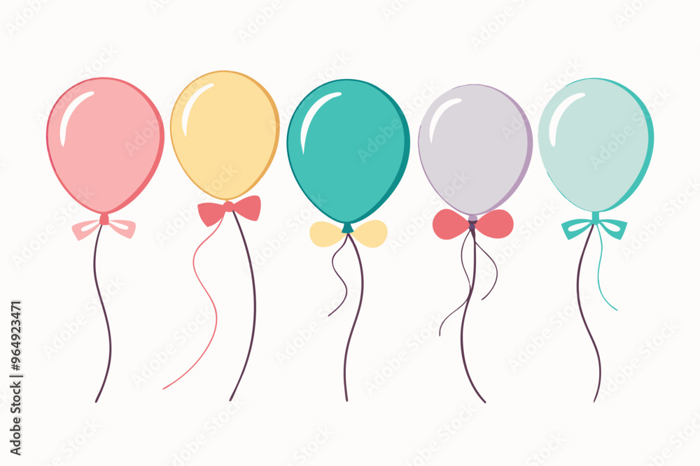 Colorful balloons in pastel shades arranged in a row with bows, perfect decoration for a celebration or party setting at a joyful gathering Colorful balloons in pastel shades arranged in a row with bows, perfect decoration for a celebration or party setting at a joyful gathering