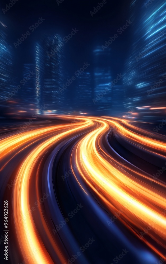 Abstract night scene with glowing light trails and blurred cityscape in vibrant colors, perfect for modern designs or backgrounds. Abstract night scene with glowing light trails and blurred cityscape in vibrant colors, perfect for modern designs or backgrounds.