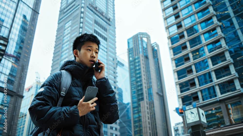 Urban professional on phone amidst tall modern buildings in bustling city center Urban professional on phone amidst tall modern buildings in bustling city center