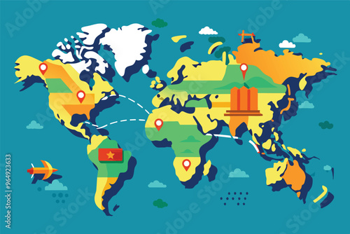 Colorful world map illustration showcasing various countries with marked locations, transport routes, and symbols representing global travel and exploration, designed for educational use