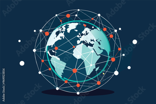 A digital representation of the Earth surrounded by interconnected lines and nodes, symbolizing global connectivity and information exchange in a modern, abstract style