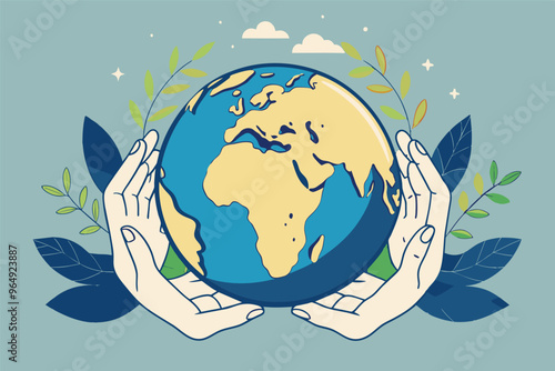 Hands holding a globe depicting Africa surrounded by leaves and plants illustrating the theme of environmental sustainability and unity in nature