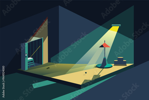 A brightly lit room with a vintage lamp and an open door revealing shadows and shapes at dusk, creating a mysterious atmosphere of solitude and intrigue