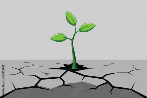 A resilient green sprout emerges from cracked earth, symbolizing hope and renewal in a barren landscape, showcasing nature's persistence against adversity