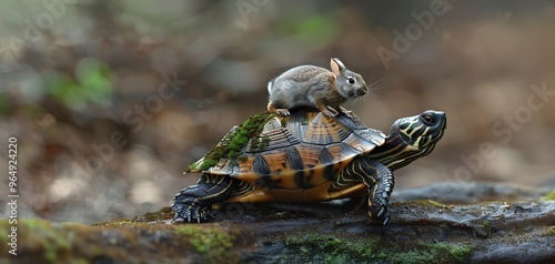 A rabbit perched on a turtle's back in a natural setting, showcasing a whimsical interaction between animals. photo