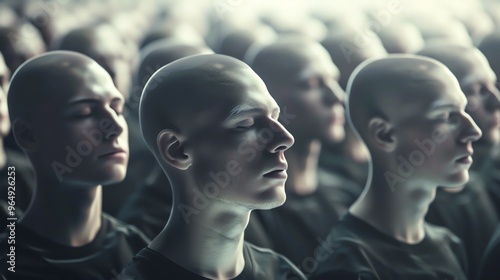 A row of bald, expressionless heads.