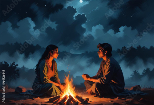 Comic A young Indian couple sitting on the ground under a starry night sky