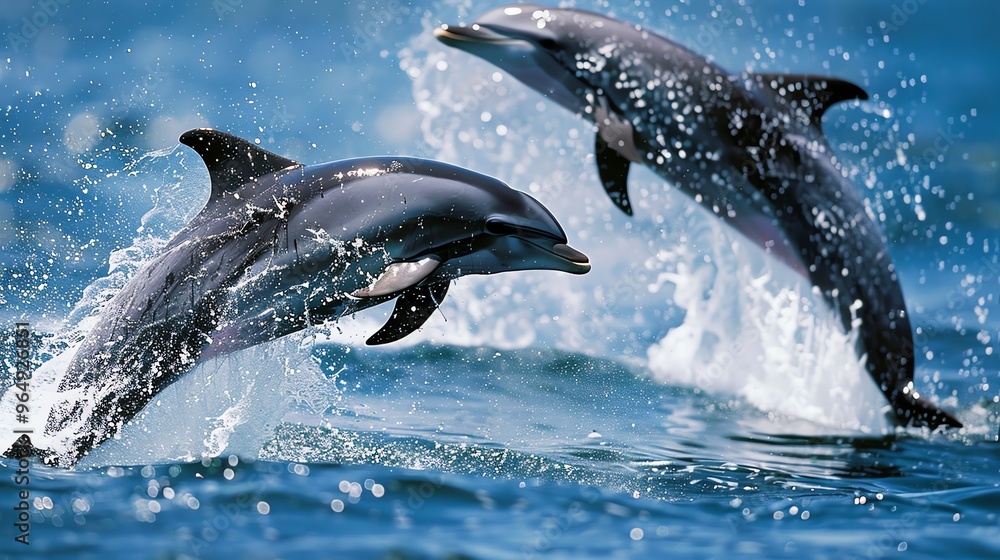Obraz premium Two dolphins leap out of the water.