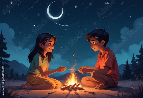 Comic A young Indian couple sitting on the ground under a starry night sky