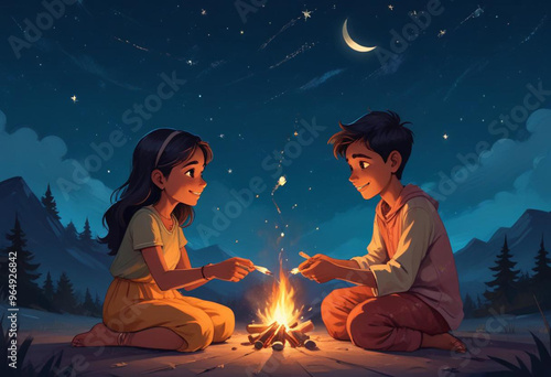 Comic A young Indian couple sitting on the ground under a starry night sky
