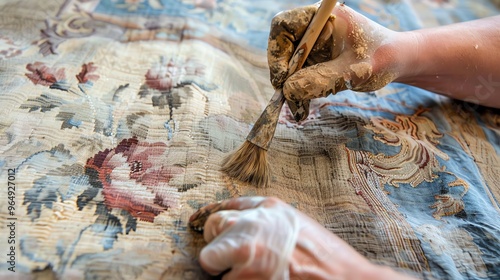 A conservator uses a brush to clean an antique tapestry.