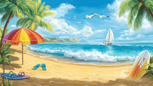 A vibrant beach scene featuring a sunny sky, palm trees swaying gently in the breeze, and crystal-clear waves lapping at the shore.