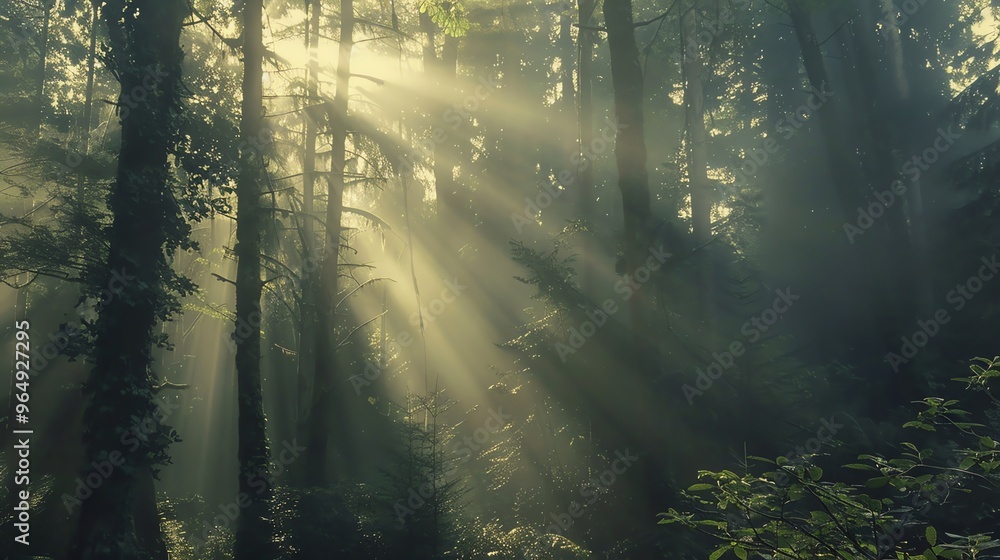 Sunlight beams through a foggy forest, illuminating the leaves and branches.