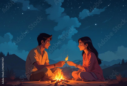 Comic A young Indian couple sitting on the ground under a starry night sky