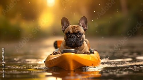 A French Bulldog enjoying a kayak ride on a serene waterway during golden hour.