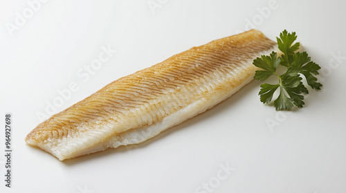 a smoked haddock fillet with a golden hue and a sprig of parsley against an isolated white background photo