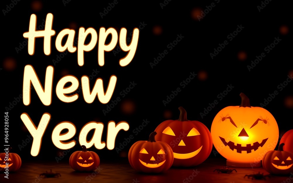 Smiling jack-o'-lanterns with glowing faces and Happy New Year text on dark background, a festive and spooky New Year's Eve celebration.
Smiling jack-o'-lanterns with glowing faces and Happy New Year text on dark background, a festive and spooky New Year's Eve celebration.