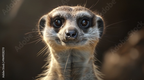 Close-up portrait of a meerkat with expressive eyes and a curious expression.