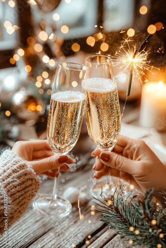 Two people are holding champagne glasses and toasting to the new year photo