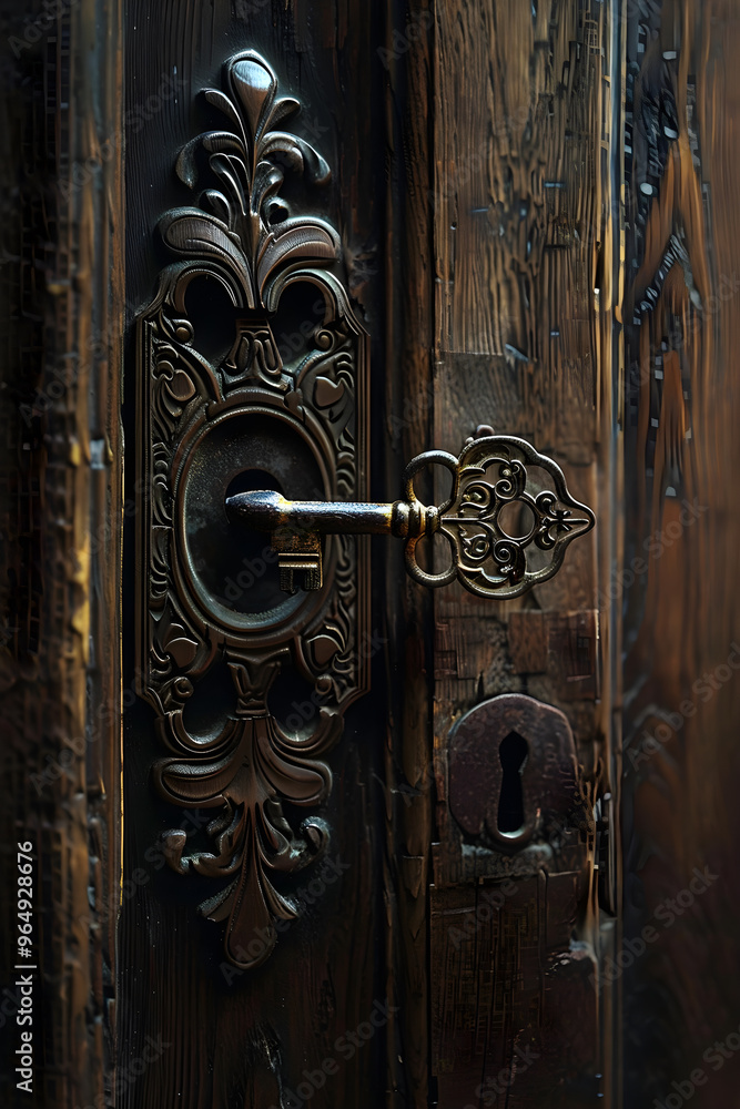 Unlocking Hidden Secrets: An Antique Key Turning in a Intricate Lock on a Weathered Wooden Door Unlocking Hidden Secrets: An Antique Key Turning in a Intricate Lock on a Weathered Wooden Door