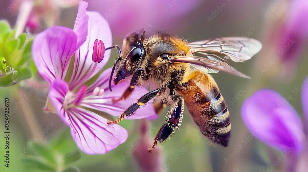 A bee collects nectar from a purple flower. A bee collects nectar from a purple flower.