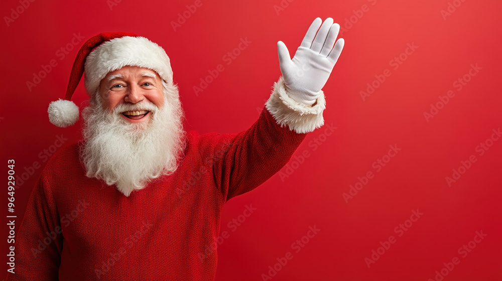 Smiling Santa Claus Waving and Smiling – Festive Christmas Scene on Red Background – Classic Holiday Character with Gifts – Merry Christmas Smiling Santa Claus Waving and Smiling – Festive Christmas Scene on Red Background – Classic Holiday Character with Gifts – Merry Christmas