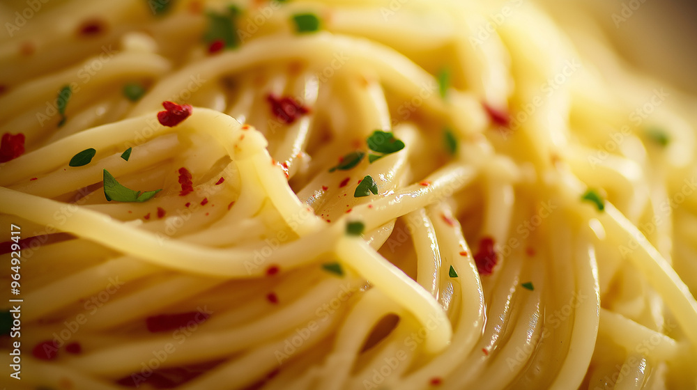 spaghetti aglio e olio with garlic, olive oil, red chili flakes, and parsley against an isolated warm-toned background spaghetti aglio e olio with garlic, olive oil, red chili flakes, and parsley against an isolated warm-toned background