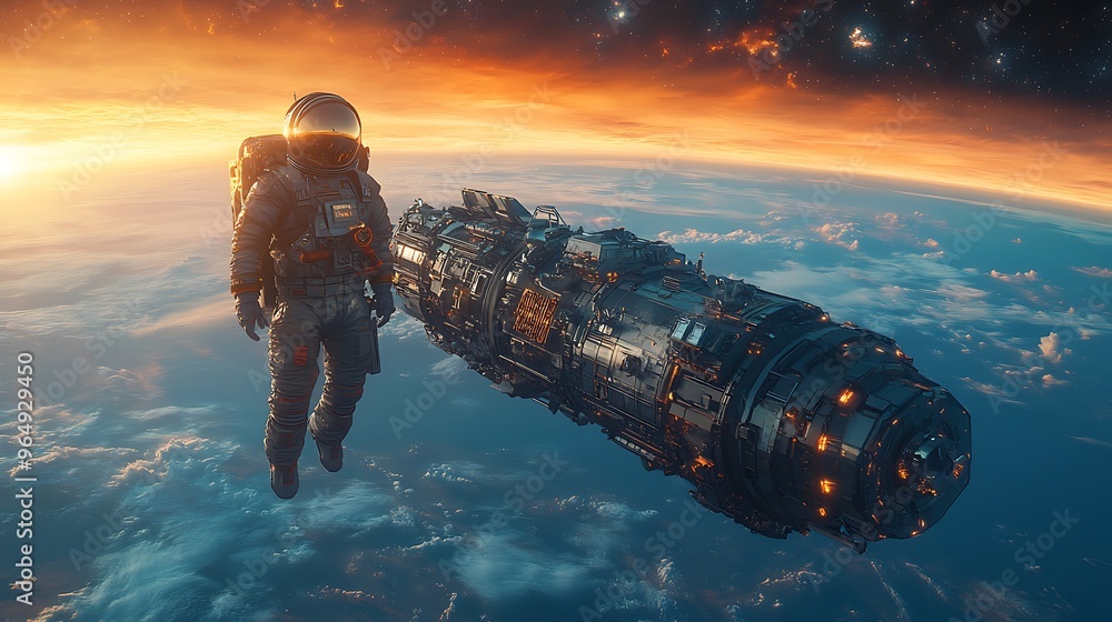 Astronaut spacewalking above a planet with a spaceship in the background. Astronaut spacewalking above a planet with a spaceship in the background.
