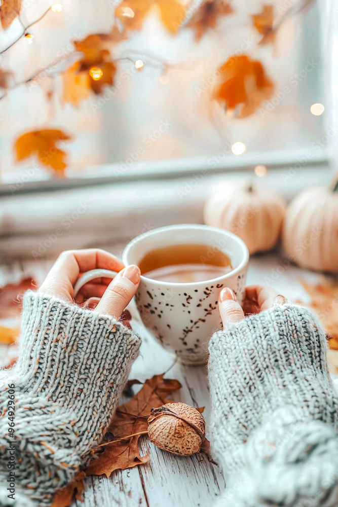 A person is holding a mug of tea and surrounded by autumn leaves A person is holding a mug of tea and surrounded by autumn leaves