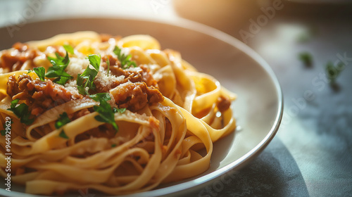 tagliatelle with bolognese sauce with a hearty meat sauce and fresh parsley against a cozy kitchen countertop