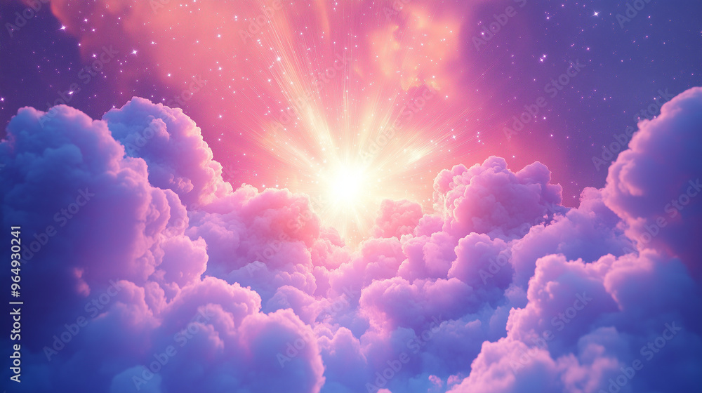Sunburst Over Pink Clouds with Starry Sky and Radiant Glow Sunburst Over Pink Clouds with Starry Sky and Radiant Glow