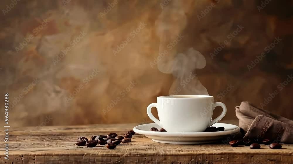 Warm cup of coffee on a rustic wooden table with steaming aroma in a cozy café setting Warm cup of coffee on a rustic wooden table with steaming aroma in a cozy café setting