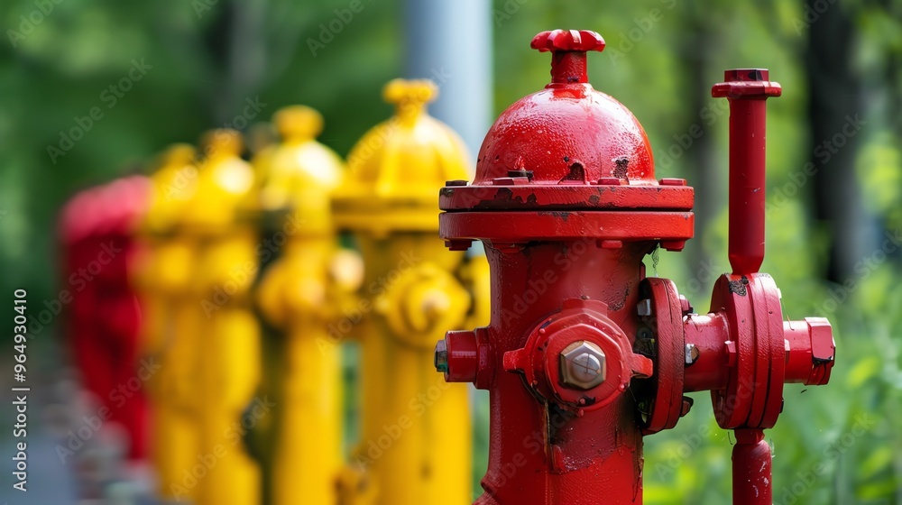 A row of fire hydrants, mostly yellow with one red one. A row of fire hydrants, mostly yellow with one red one.