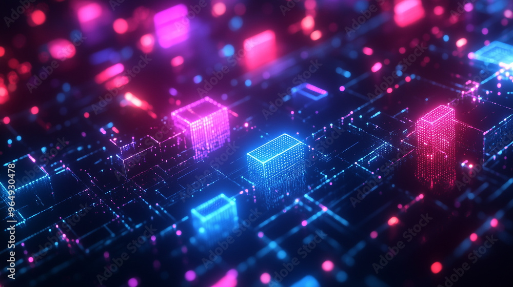 Futuristic Digital Neon Circuit Grid With Glowing Blocks and Data Flow Futuristic Digital Neon Circuit Grid With Glowing Blocks and Data Flow