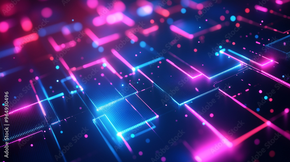 High-Tech Neon Network Grid With Glowing Blocks and Data Connections High-Tech Neon Network Grid With Glowing Blocks and Data Connections