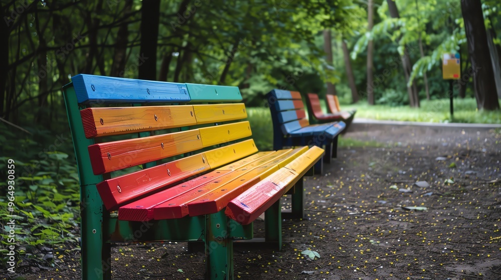 A row of colorful benches in a park. A row of colorful benches in a park.