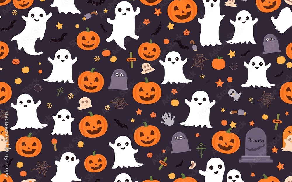 Fototapeta premium White ghosts and orange pumpkins on a dark background, a fun Halloween seamless pattern for festive celebrations. 